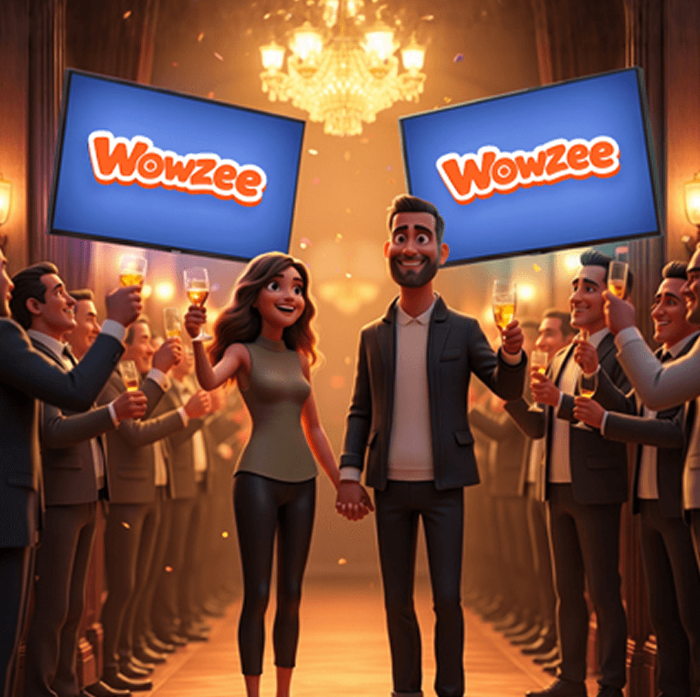 People celebrating under Wowzee screens