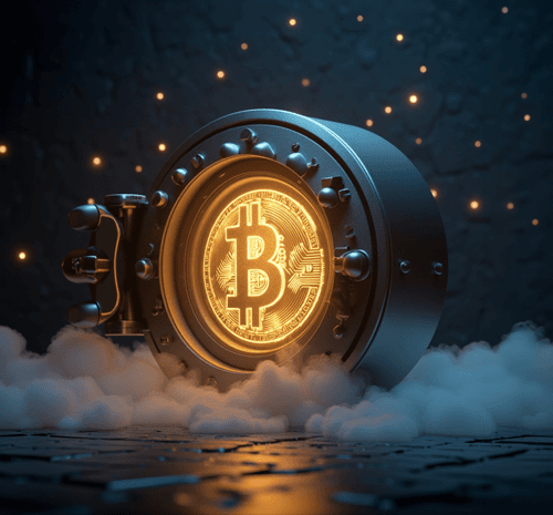 Bitcoin prize vault with a glowing coin